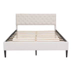 Cadre de lit double, Lit plateforme capitonné avec tête de lit capitonnée, Cadre de lit en tissu avec lattes de bois, Pas besoin de sommier tapissier, Beige
