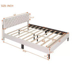 Cadre de lit double, Lit plateforme capitonné avec tête de lit capitonnée, Cadre de lit en tissu avec lattes de bois, Pas besoin de sommier tapissier, Beige