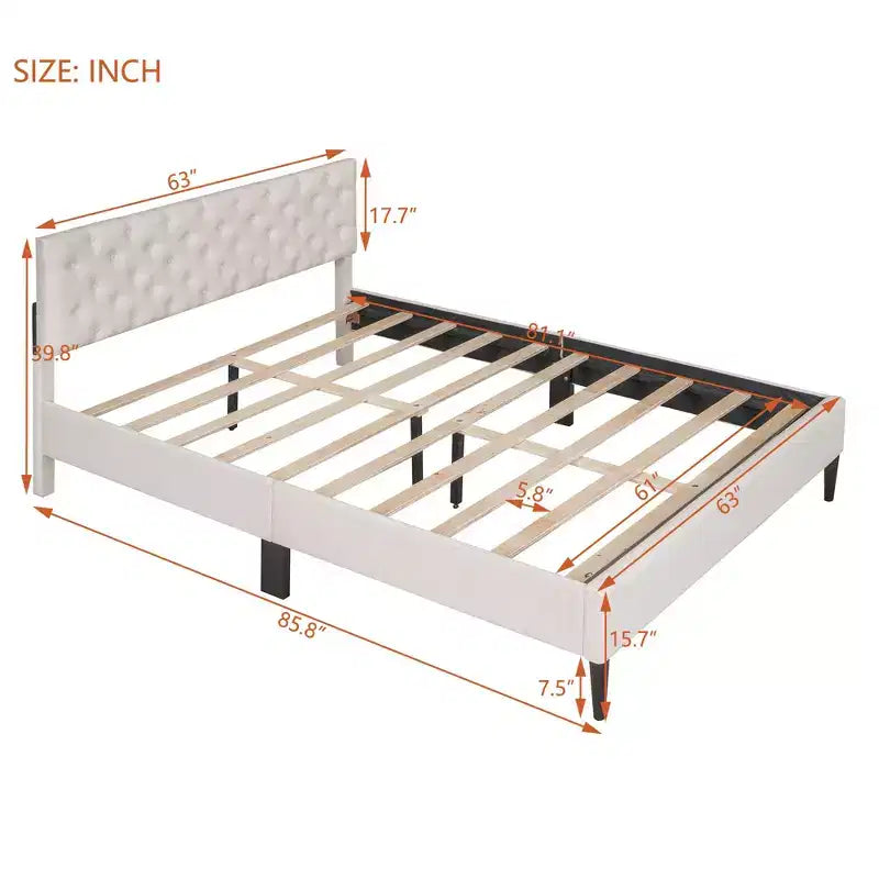 Cadre de lit double, Lit plateforme capitonné avec tête de lit capitonnée, Cadre de lit en tissu avec lattes de bois, Pas besoin de sommier tapissier, Beige