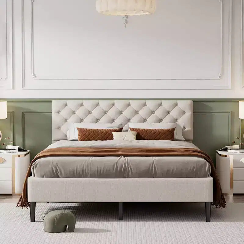 Cadre de lit double, Lit plateforme capitonné avec tête de lit capitonnée, Cadre de lit en tissu avec lattes de bois, Pas besoin de sommier tapissier, Beige