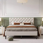 Cadre de lit double, Lit plateforme capitonné avec tête de lit capitonnée, Cadre de lit en tissu avec lattes de bois, Pas besoin de sommier tapissier, Beige