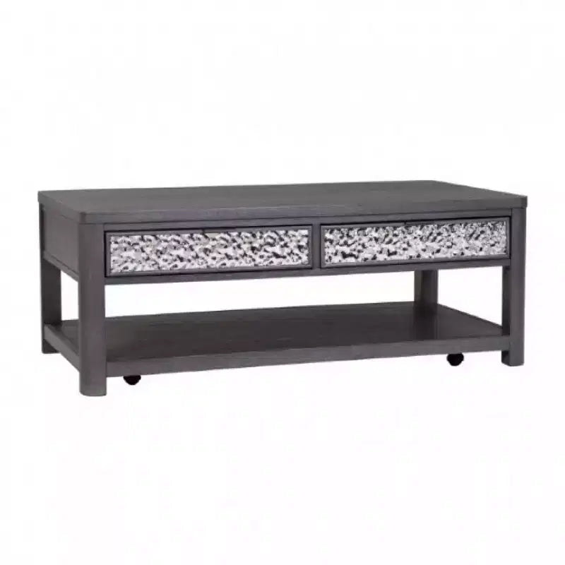 Table basse Royal Hampton de 48 po, roulettes, tiroirs, bois d'hévéa gris cendre
