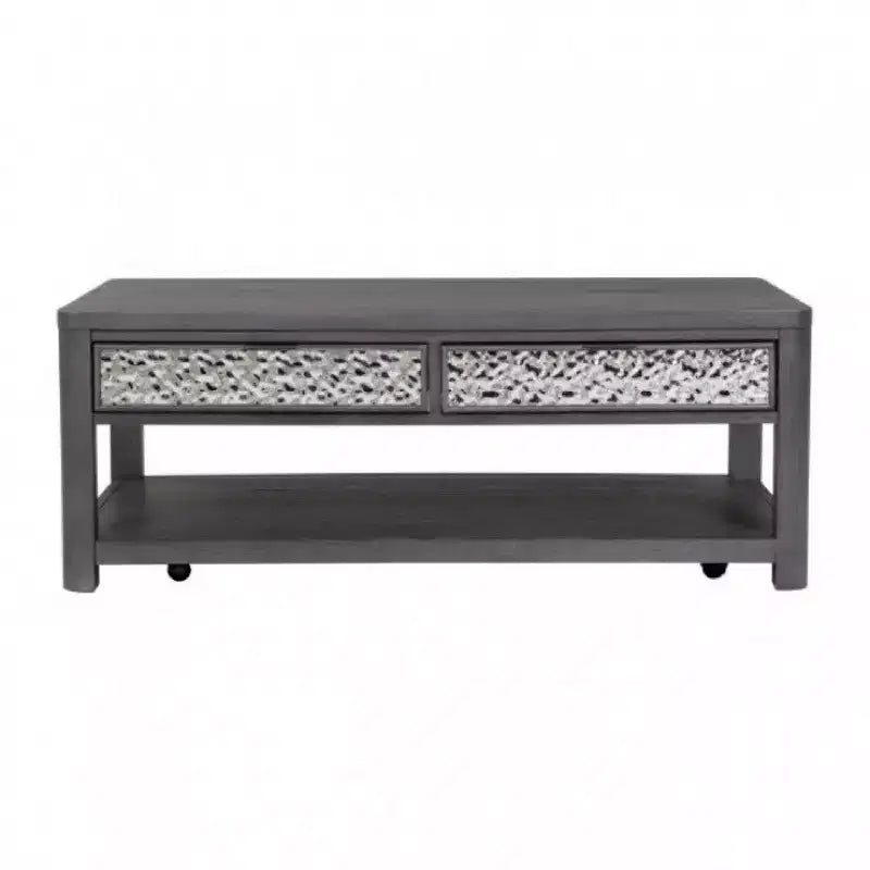Table basse Royal Hampton de 48 po, roulettes, tiroirs, bois d'hévéa gris cendre