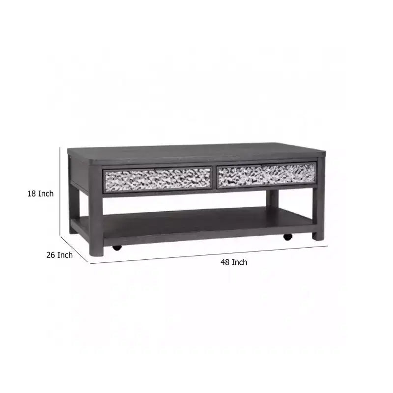 Table basse Royal Hampton de 48 po, roulettes, tiroirs, bois d'hévéa gris cendre
