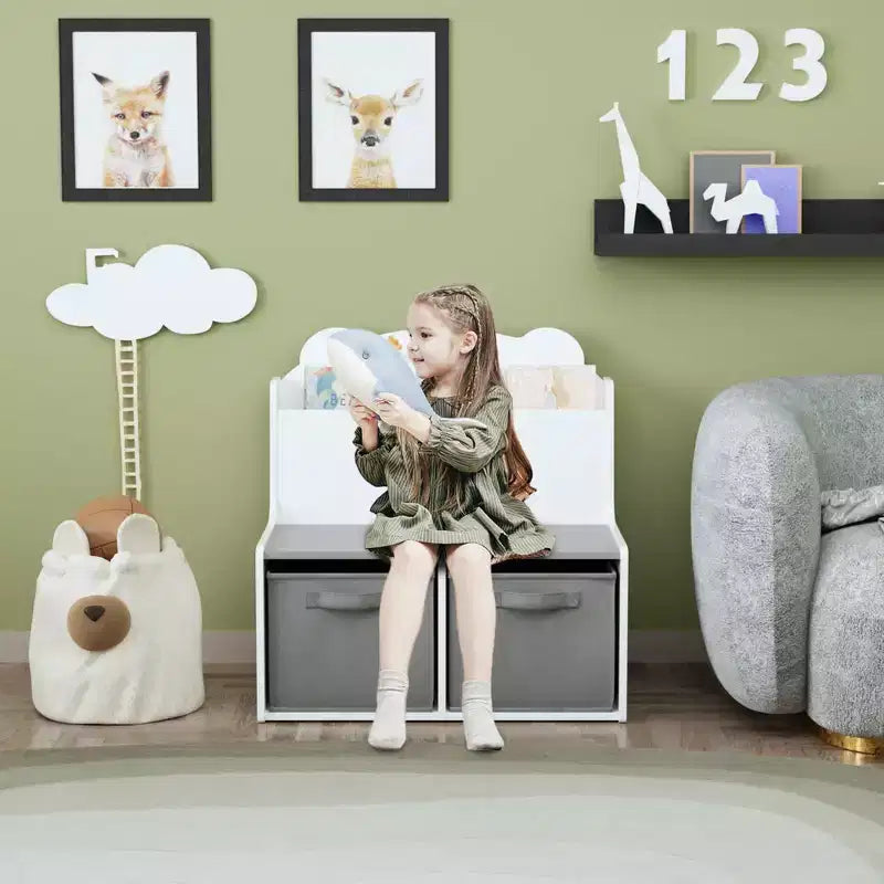 Whisen Kids Bookshelf with Storage Bins, Book Display Shelf and 2 Fabric Bins, Cute Bear-Shaped Backboard - White & Gray