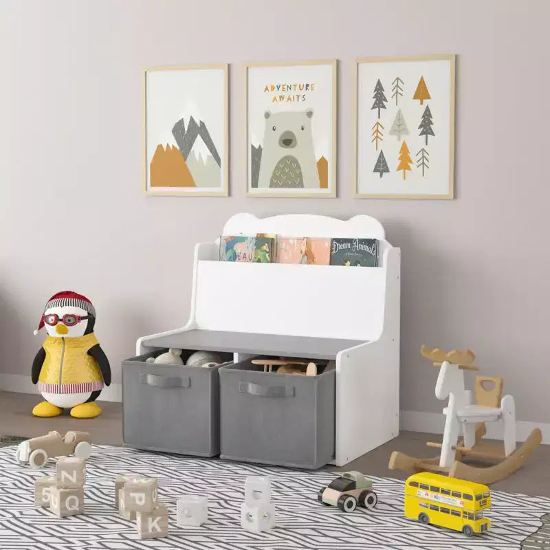 Bibliothèque Whisen Kids avec bacs de rangement, étagère de présentation de livres et 2 bacs en tissu, dos de livre en forme d'ours mignon - Blanc et Gris