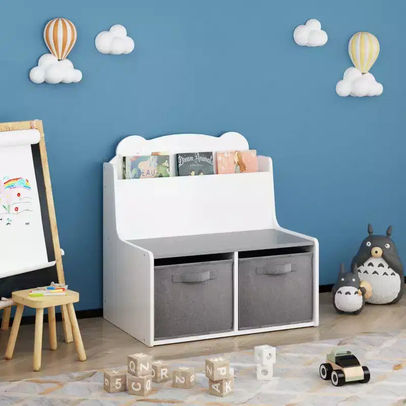Bibliothèque Whisen Kids avec bacs de rangement, étagère de présentation de livres et 2 bacs en tissu, dos de livre en forme d'ours mignon - Blanc et Gris