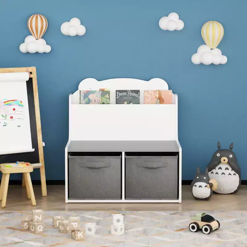 Bibliothèque Whisen Kids avec bacs de rangement, étagère de présentation de livres et 2 bacs en tissu, dos de livre en forme d'ours mignon - Blanc et Gris