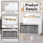 Bibliothèque Whisen Kids avec bacs de rangement, étagère de présentation de livres et 2 bacs en tissu, dos de livre en forme d'ours mignon - Blanc et Gris