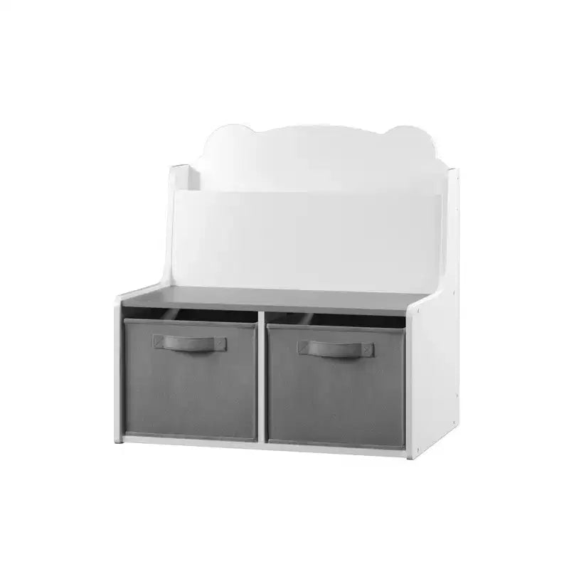 Bibliothèque Whisen Kids avec bacs de rangement, étagère de présentation de livres et 2 bacs en tissu, dos de livre en forme d'ours mignon - Blanc et Gris