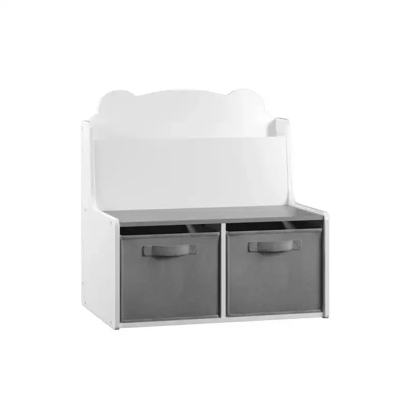 Bibliothèque Whisen Kids avec bacs de rangement, étagère de présentation de livres et 2 bacs en tissu, dos de livre en forme d'ours mignon - Blanc et Gris
