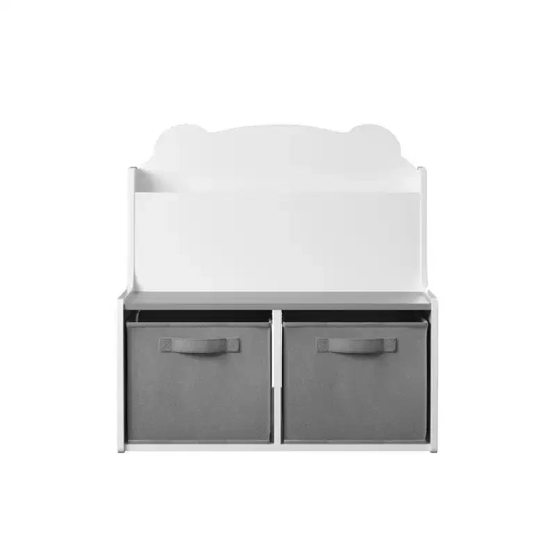 Bibliothèque Whisen Kids avec bacs de rangement, étagère de présentation de livres et 2 bacs en tissu, dos de livre en forme d'ours mignon - Blanc et Gris