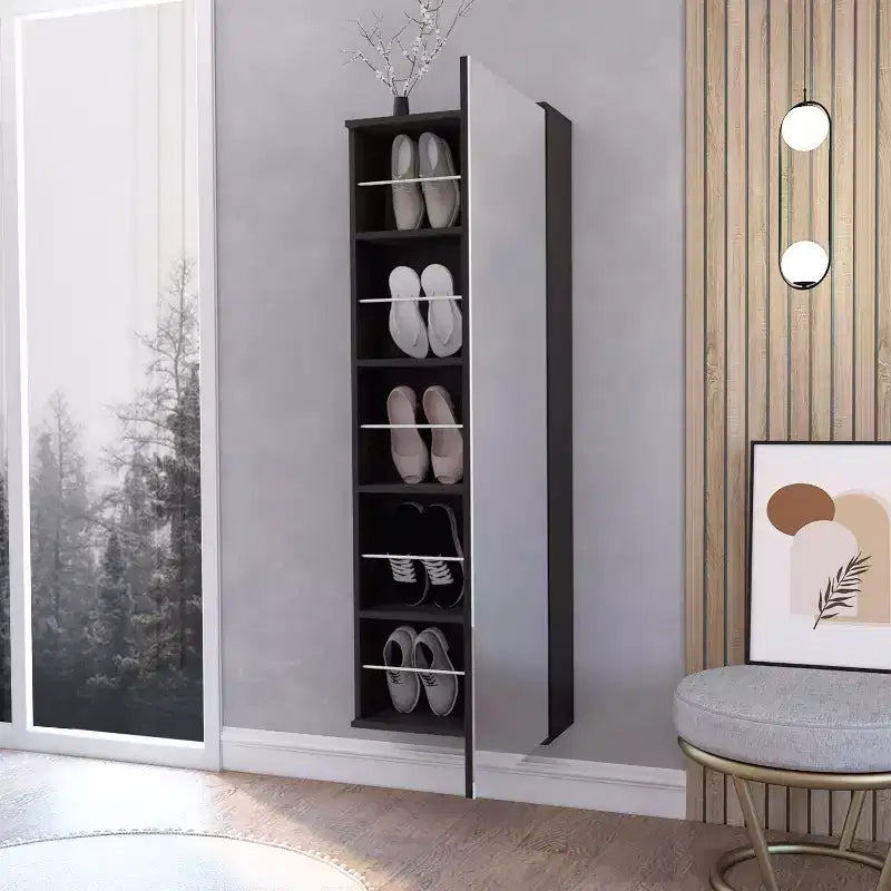 Meuble à chaussures mural avec miroir Chimg, une porte, finition wengé noir