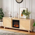 VINGLI Fireplace TV Stand for up to 70 inch TVs, Rattan Entertainment Center with Electric Fireplace Heater & Adjustable Shelves