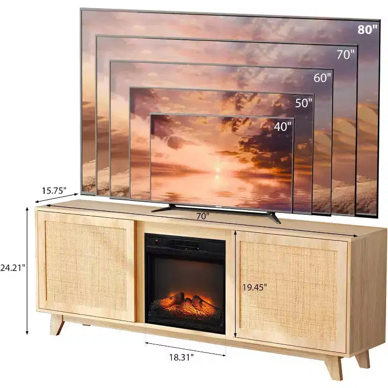 Meuble TV VINGLI avec foyer électrique pour téléviseurs jusqu'à 70 pouces, meuble de divertissement en rotin avec chauffage de cheminée électrique et étagères réglables
