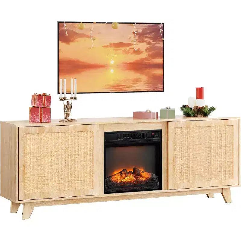 Meuble TV VINGLI avec foyer électrique pour téléviseurs jusqu'à 70 pouces, meuble de divertissement en rotin avec chauffage de cheminée électrique et étagères réglables