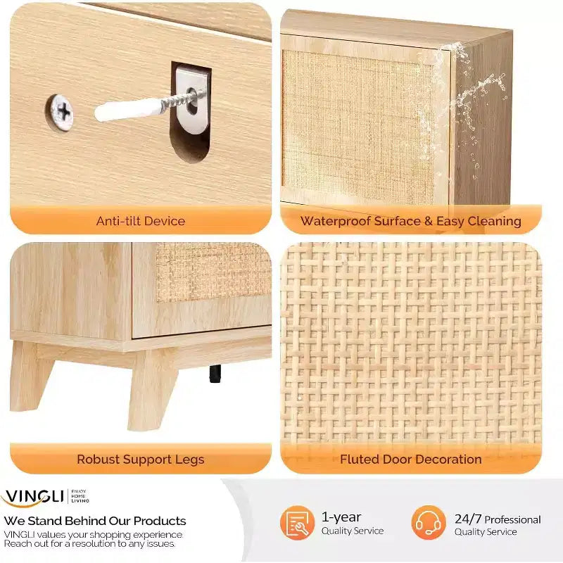 Meuble TV VINGLI avec foyer électrique pour téléviseurs jusqu'à 70 pouces, meuble de divertissement en rotin avec chauffage de cheminée électrique et étagères réglables