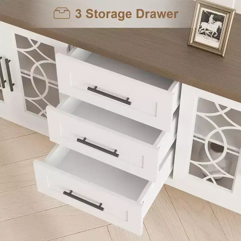 Meuble TV de ferme GustoWave pour téléviseur de 70 pouces, avec porte vitrée, 2 portes de rangement et 3 tiroirs, table console avec étagères pour chambre à coucher et salon