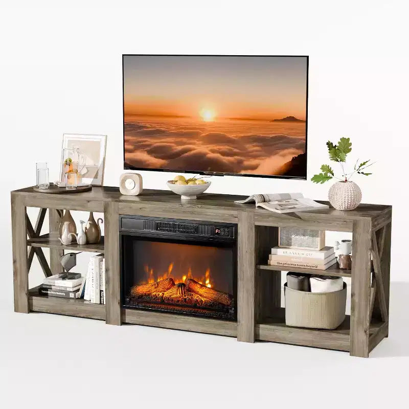 Meuble TV VINGLI avec cheminée pour téléviseurs jusqu'à 80 pouces, meuble de divertissement style ferme avec foyer électrique et étagères réglables