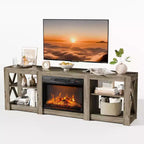 Meuble TV VINGLI avec cheminée pour téléviseurs jusqu'à 80 pouces, meuble de divertissement style ferme avec foyer électrique et étagères réglables