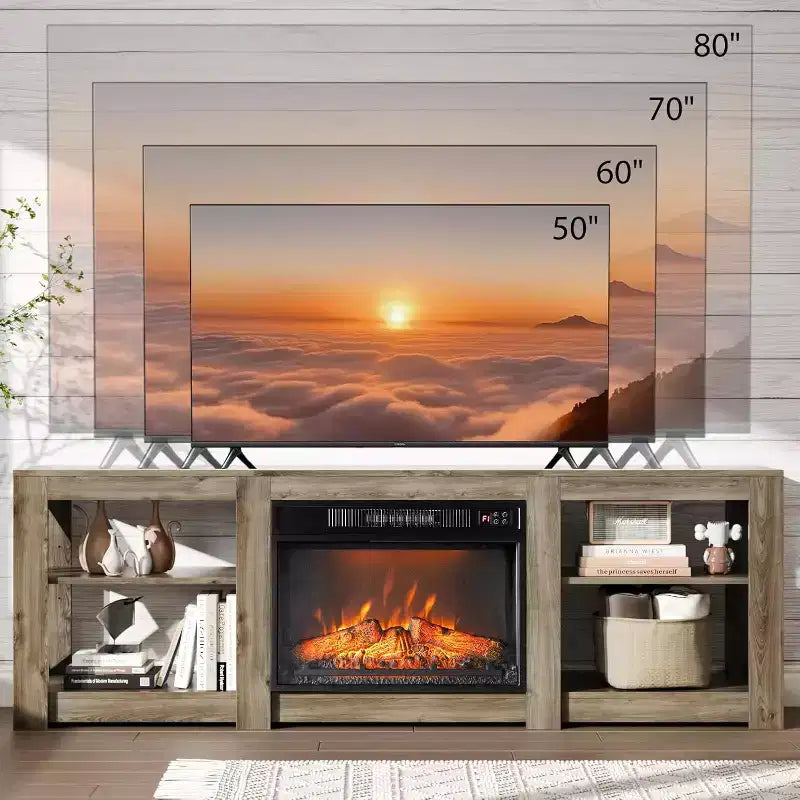 Meuble TV VINGLI avec cheminée pour téléviseurs jusqu'à 80 pouces, meuble de divertissement style ferme avec foyer électrique et étagères réglables