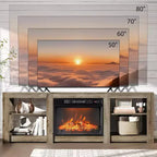 Meuble TV VINGLI avec cheminée pour téléviseurs jusqu'à 80 pouces, meuble de divertissement style ferme avec foyer électrique et étagères réglables