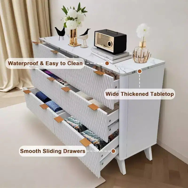 Commode moderne à 6 tiroirs avec plateau imitation marbre, meuble de rangement au design courbé cannelé, meuble TV pour téléviseurs jusqu'à 55 pouces, unité robuste anti-basculement