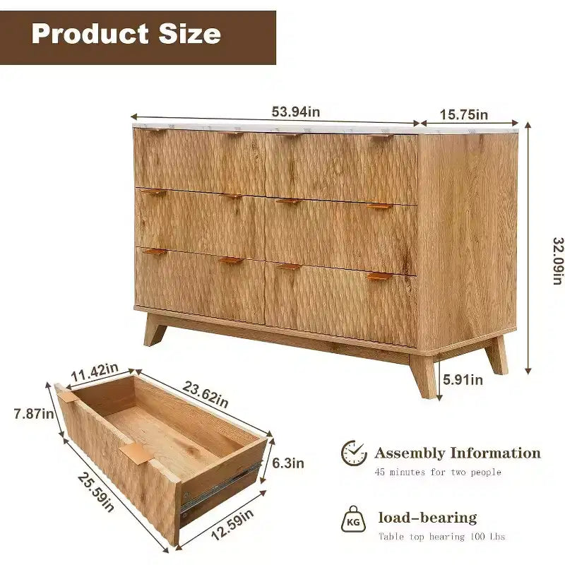 Commode moderne à 6 tiroirs avec plateau imitation marbre, meuble de rangement au design courbé cannelé, meuble TV pour téléviseurs jusqu'à 55 pouces, unité robuste anti-basculement