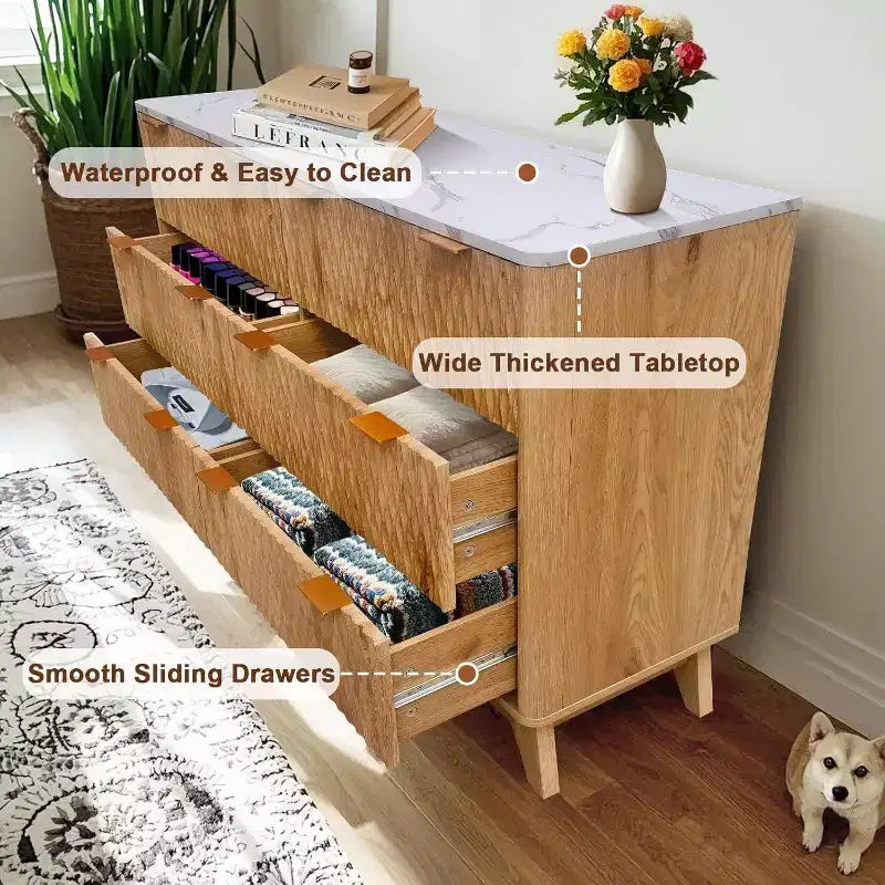 Commode moderne à 6 tiroirs avec plateau imitation marbre, meuble de rangement au design courbé cannelé, meuble TV pour téléviseurs jusqu'à 55 pouces, unité robuste anti-basculement