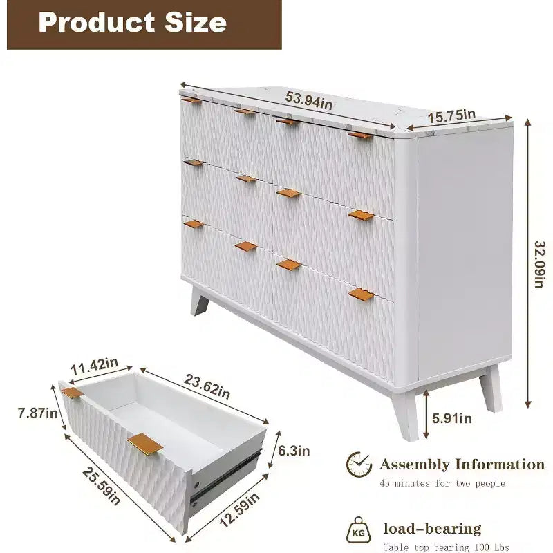 Commode moderne à 6 tiroirs avec plateau imitation marbre, meuble de rangement au design courbé cannelé, meuble TV pour téléviseurs jusqu'à 55 pouces, unité robuste anti-basculement