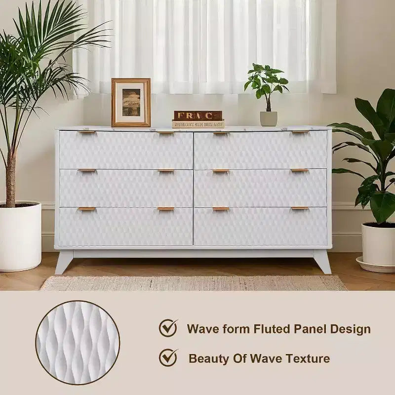 Commode moderne à 6 tiroirs avec plateau imitation marbre, meuble de rangement au design courbé cannelé, meuble TV pour téléviseurs jusqu'à 55 pouces, unité robuste anti-basculement