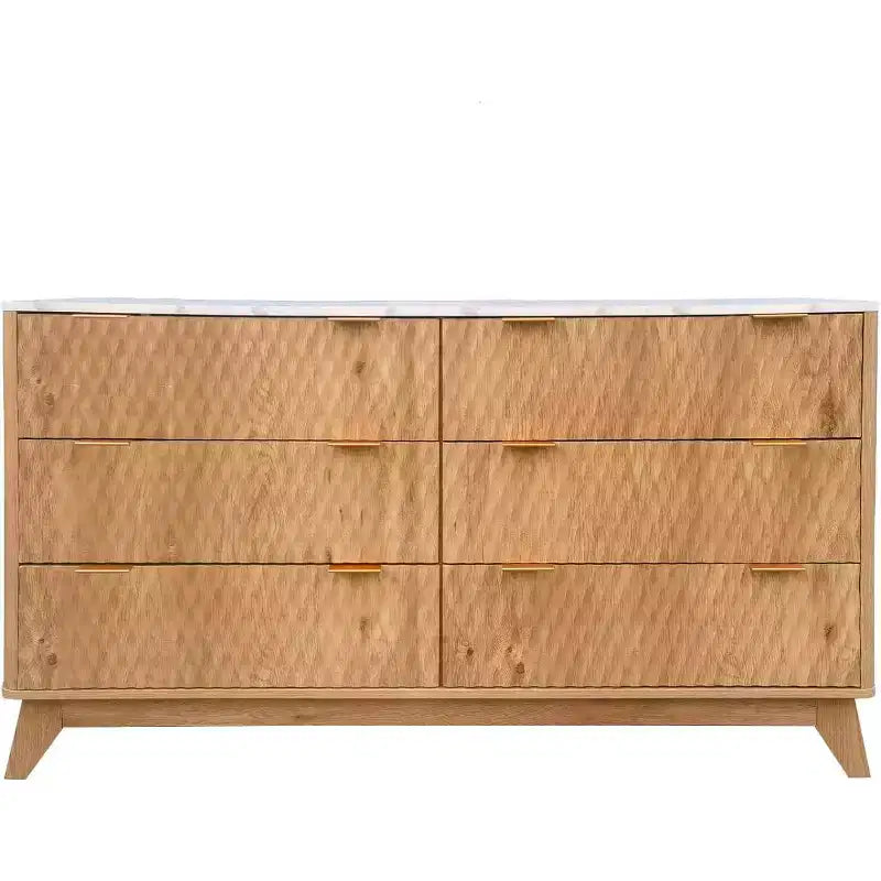 Modern 6 Drawer Dresser with Faux Marble Top, Fluted Curved Design Storage Cabinet, TV Stand for Up to 55 Inch TV, Anti-Tip Sturdy Unit