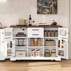 Îlot de cuisine Okak avec rallonge rabattable et prise de courant, chariot de cuisine avec 4 étagères de rangement et portes coulissantes, organisateur de comptoir à 4 roulettes pour la cuisine, blanc