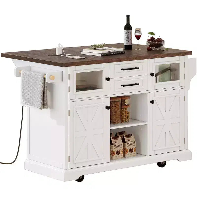 Îlot de cuisine Okak avec rallonge rabattable et prise de courant, chariot de cuisine avec 4 étagères de rangement et portes coulissantes, organisateur de comptoir à 4 roulettes pour la cuisine, blanc