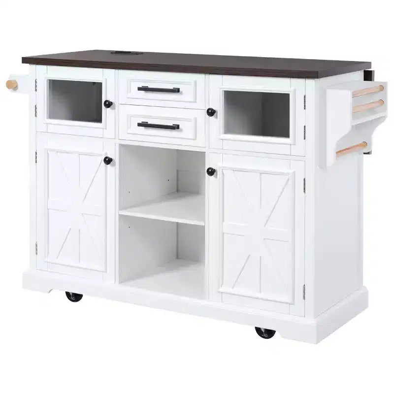 Îlot de cuisine Okak avec rallonge rabattable et prise de courant, chariot de cuisine avec 4 étagères de rangement et portes coulissantes, organisateur de comptoir à 4 roulettes pour la cuisine, blanc
