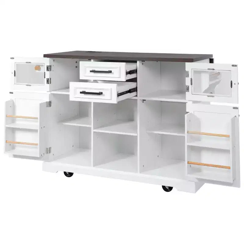 Îlot de cuisine Okak avec rallonge rabattable et prise de courant, chariot de cuisine avec 4 étagères de rangement et portes coulissantes, organisateur de comptoir à 4 roulettes pour la cuisine, blanc