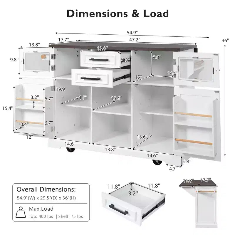 Îlot de cuisine Okak avec rallonge rabattable et prise de courant, chariot de cuisine avec 4 étagères de rangement et portes coulissantes, organisateur de comptoir à 4 roulettes pour la cuisine, blanc