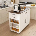 Îlot de cuisine Okak avec rangement et prise de courant, chariot de cuisine avec plateau en bois et étagère réglable, table îlot de cuisine pour salle à manger, blanc+noyer