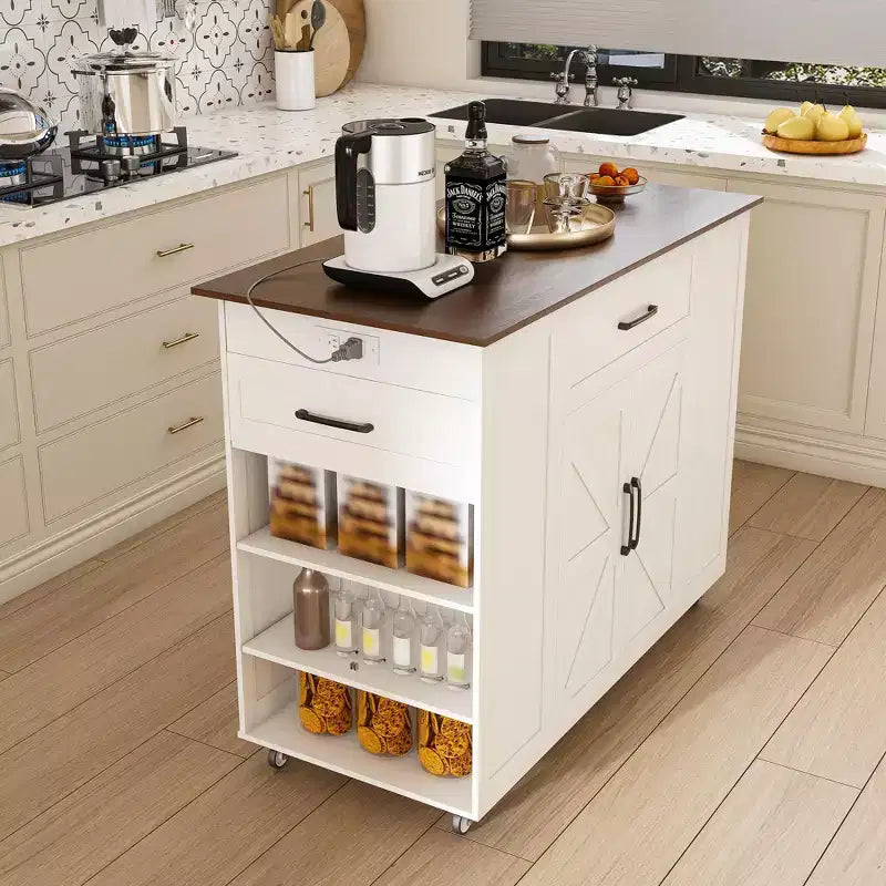 Îlot de cuisine Okak avec rangement et prise de courant, chariot de cuisine avec plateau en bois et étagère réglable, table îlot de cuisine pour salle à manger, blanc+noyer
