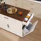 Îlot de cuisine Okak avec rangement et prise de courant, chariot de cuisine avec plateau en bois et étagère réglable, table îlot de cuisine pour salle à manger, blanc+noyer