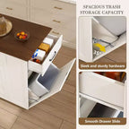 Îlot de cuisine Okak avec rangement et prise de courant, chariot de cuisine avec plateau en bois et étagère réglable, table îlot de cuisine pour salle à manger, blanc+noyer