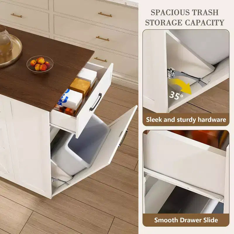 Îlot de cuisine Okak avec rangement et prise de courant, chariot de cuisine avec plateau en bois et étagère réglable, table îlot de cuisine pour salle à manger, blanc+noyer