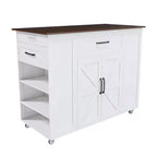 Îlot de cuisine Okak avec rangement et prise de courant, chariot de cuisine avec plateau en bois et étagère réglable, table îlot de cuisine pour salle à manger, blanc+noyer