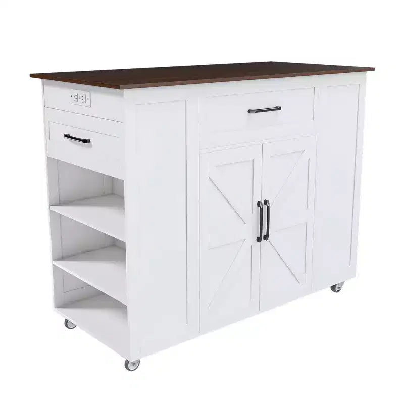Îlot de cuisine Okak avec rangement et prise de courant, chariot de cuisine avec plateau en bois et étagère réglable, table îlot de cuisine pour salle à manger, blanc+noyer