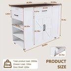 Îlot de cuisine Okak avec rangement et prise de courant, chariot de cuisine avec plateau en bois et étagère réglable, table îlot de cuisine pour salle à manger, blanc+noyer