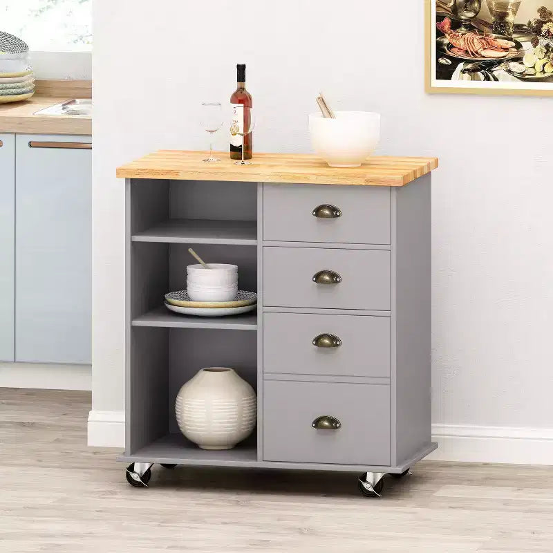 Table îlot de cuisine Okak avec rangement, îlot de cuisine sur roulettes avec plan de travail, meuble et tiroirs, desserte de cuisine pour cuisine, salle à manger