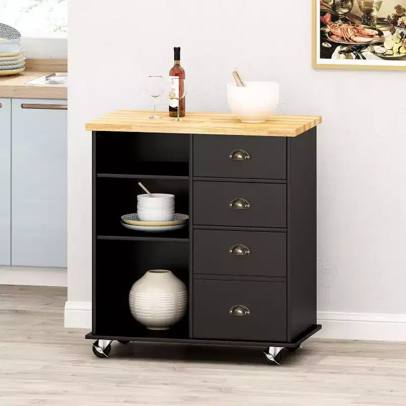 Table îlot de cuisine Okak avec rangement, îlot de cuisine sur roulettes avec plan de travail, meuble et tiroirs, desserte de cuisine pour cuisine, salle à manger
