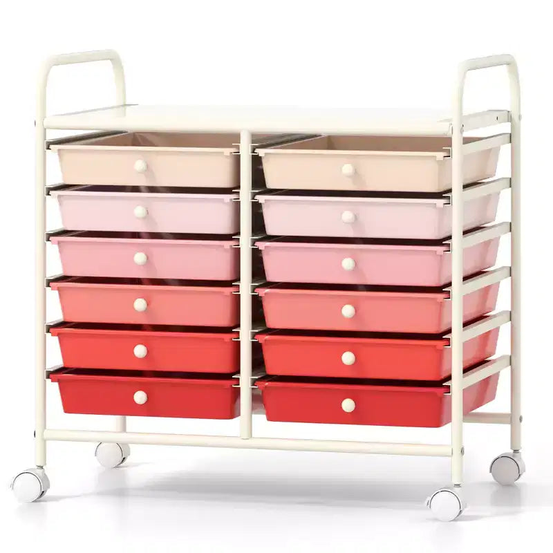 Gymax Chariot de rangement mobile à 12 tiroirs, organisateur de papier roulant sur roulettes, plateau de table et tiroirs de rangement amovibles, chariot d'outils d'art et d'artisanat polyvalent