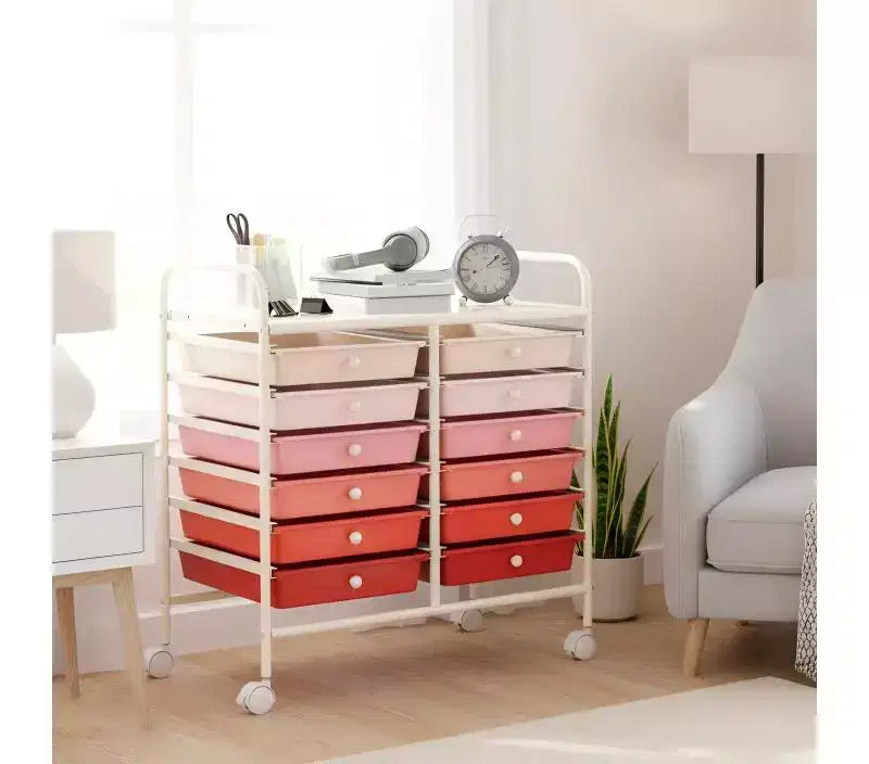 Gymax Chariot de rangement mobile à 12 tiroirs, organisateur de papier roulant sur roulettes, plateau de table et tiroirs de rangement amovibles, chariot d'outils d'art et d'artisanat polyvalent