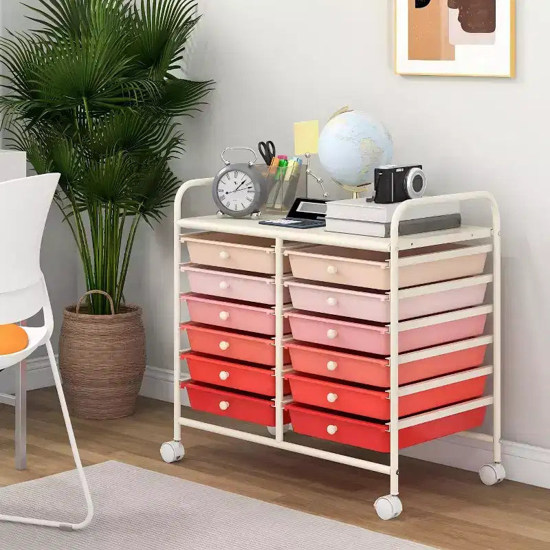 Gymax Chariot de rangement mobile à 12 tiroirs, organisateur de papier roulant sur roulettes, plateau de table et tiroirs de rangement amovibles, chariot d'outils d'art et d'artisanat polyvalent